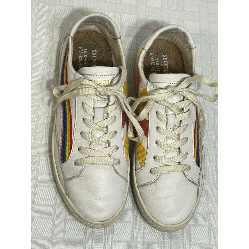 Soludos White Leather Shoe Women's Size 9 Rainbow Sunrise Embroidery Retro 80s